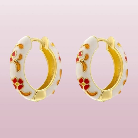 Floral Design Huggie Hoop Enamel Earrings Red White One Size - Picture 4 of 7